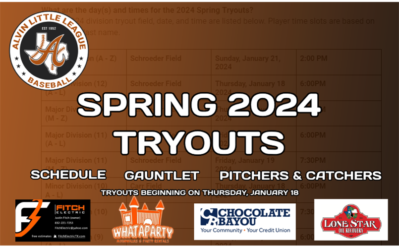 SPRING 2024: TRYOUT SCHEDULE